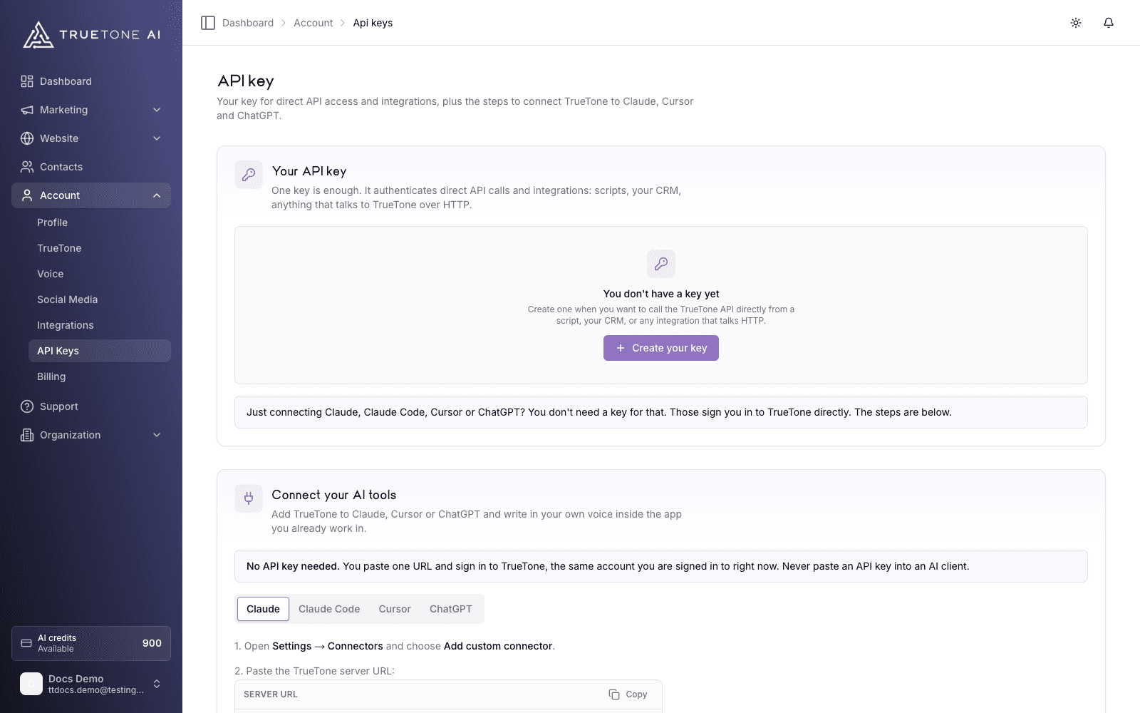 The API Keys page: your key, plus guided steps for connecting your AI tools.