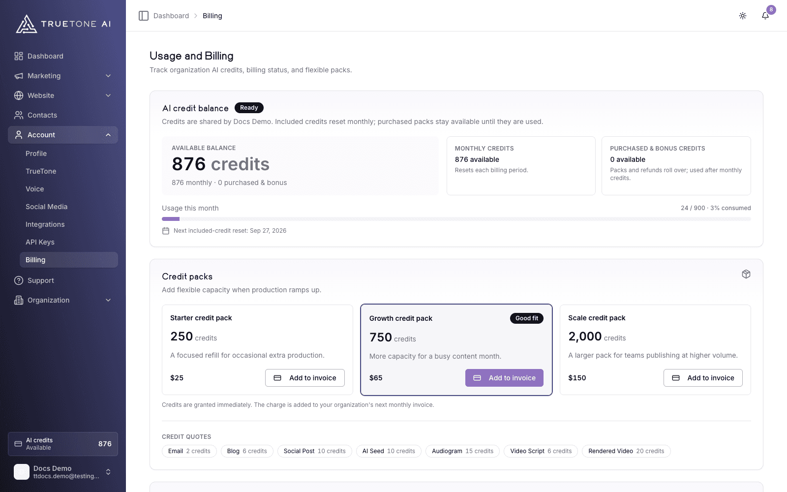 The billing view where you manage your plan and see usage.