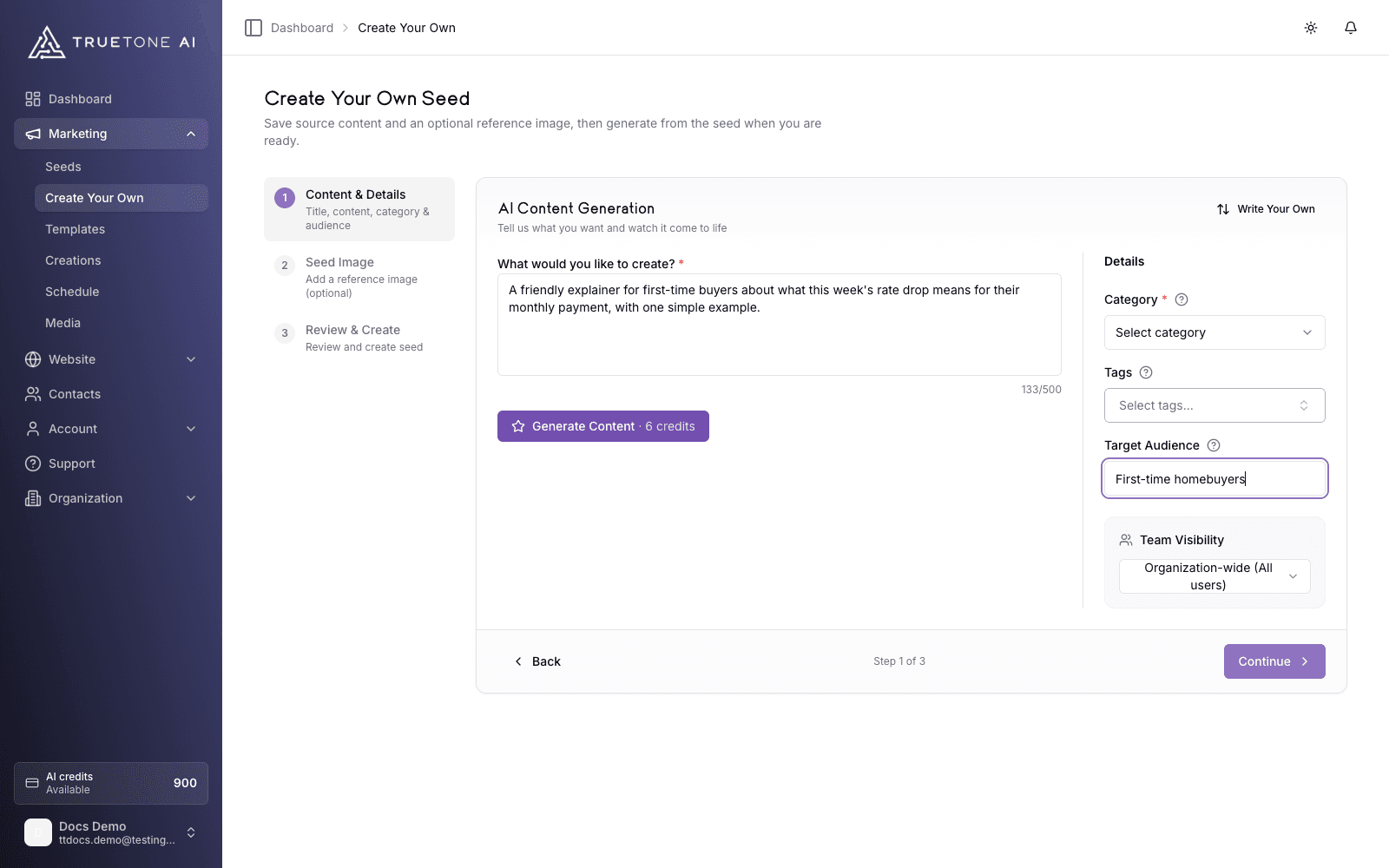 The guided create flow: describe what you want, then review and generate.