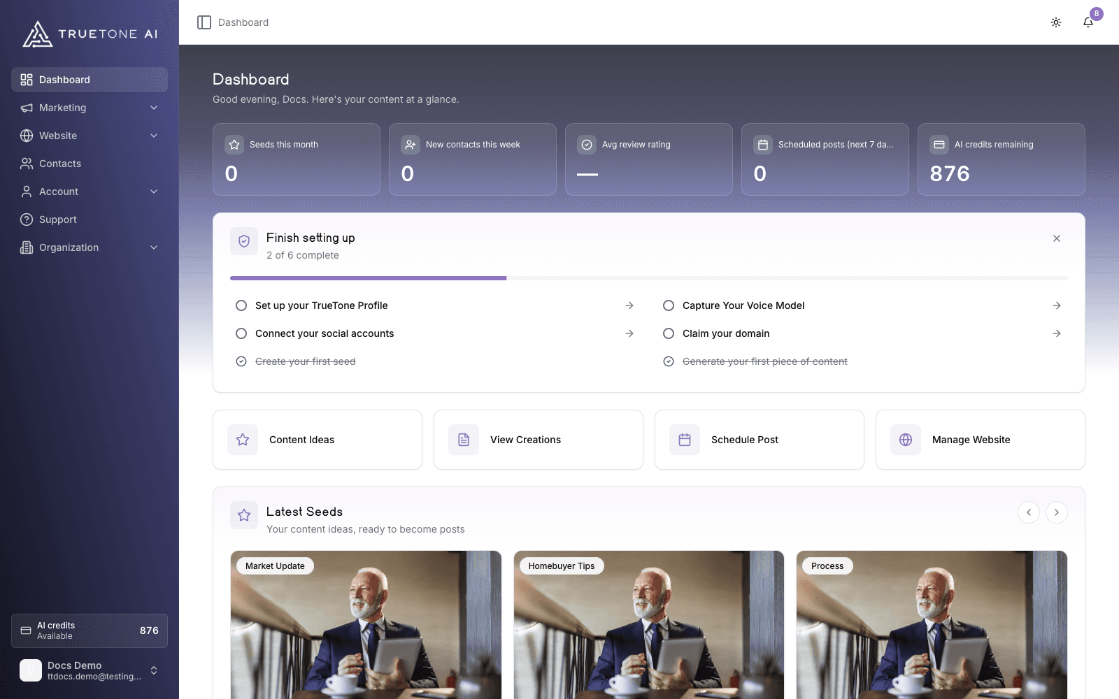 Your dashboard on day one, with a setup checklist to work through.