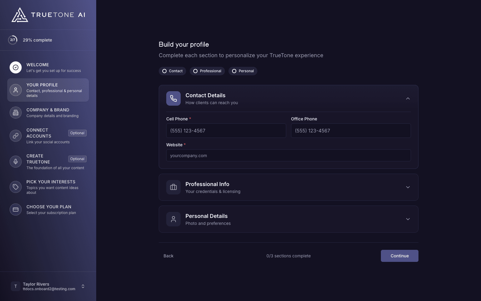 Building your profile, one of the seven onboarding steps shown in the sidebar.