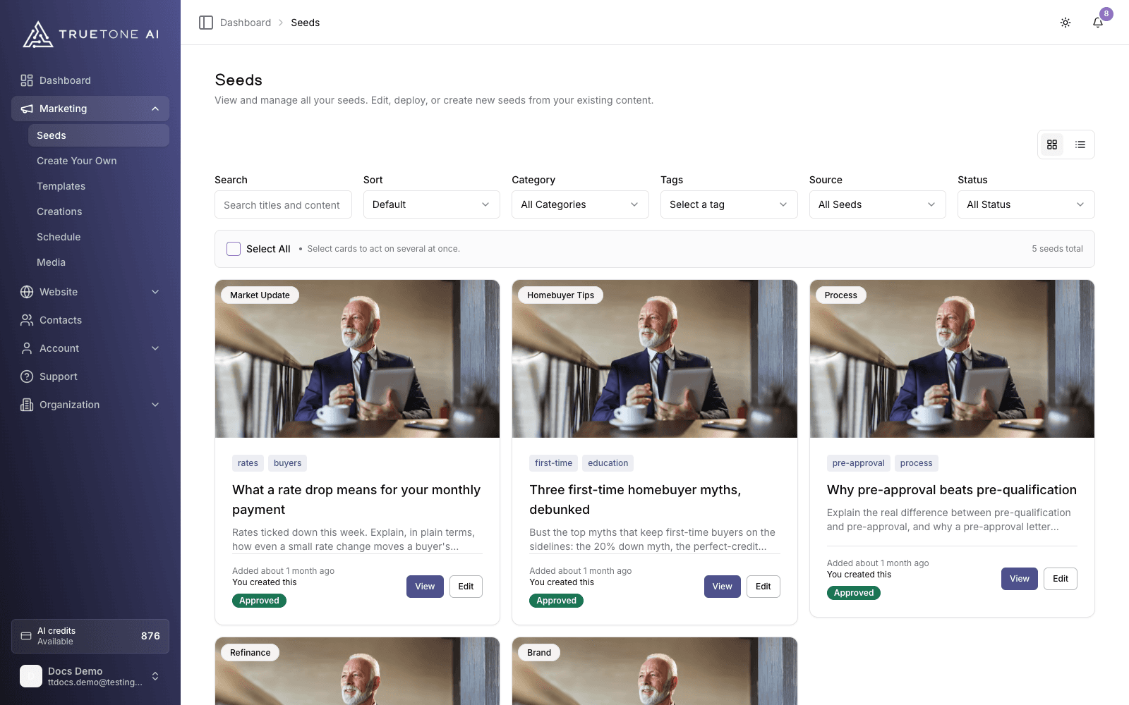 The Seeds library, with search, filters, and your topic cards.