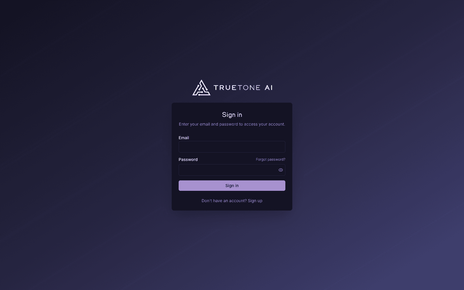The TrueTone sign-in screen: email and password.