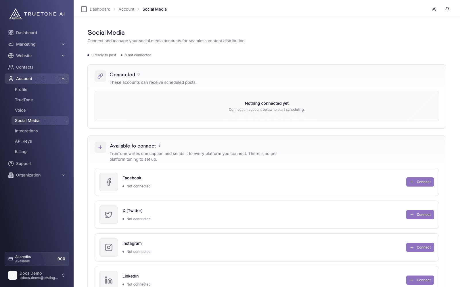 Connecting your social accounts from the account area.