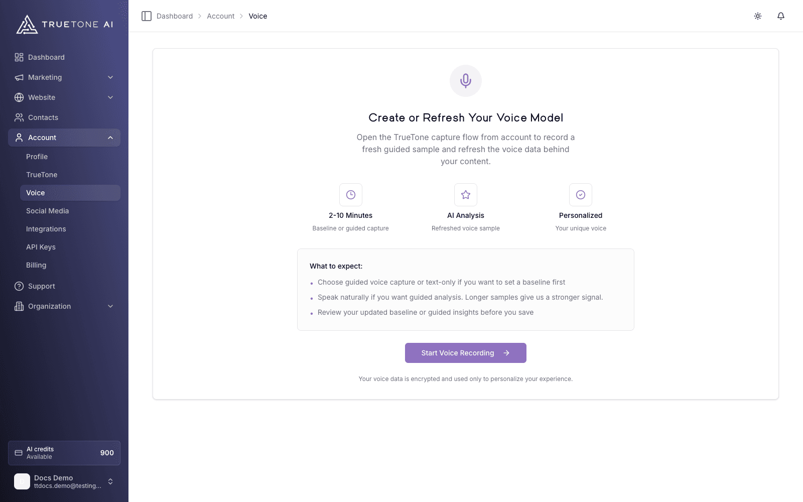 Creating or refreshing your voice model from the account area.